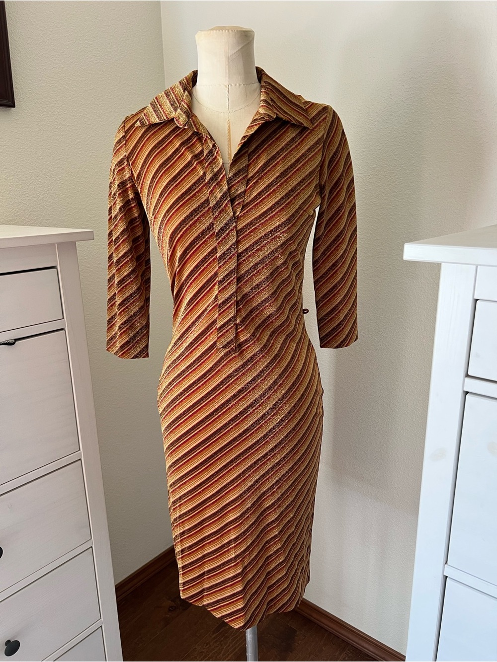 Kookai Striped Collared  Dress in Gold, burgundy, brown shimmer